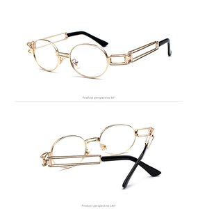 Macro view of steampunk oval sunglasses with hollowed-out geometric metal frames