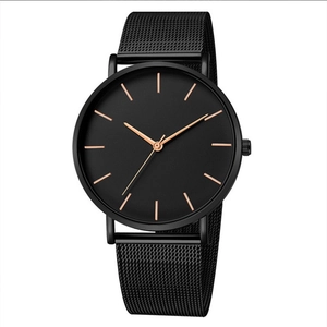 Minimalist men's black mesh watch with sleek rose gold hands and ultra-thin quartz movement