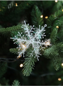 Close-up of white snowflake ornament with glitter texture on a Christmas tree