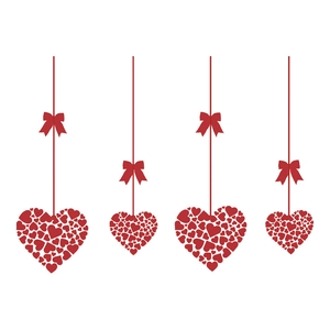 Red heart-shaped hanging decorations with ribbon bows for Valentine's Day and wedding parties