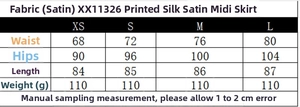 Detailed size chart for the printed satin midi skirt showing waist and hip measurements