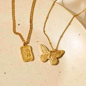 Vintage 18K gold plated stainless steel butterfly square coin necklace jewelry