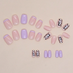 Short ballet Aurora glitter butterfly taro purple press-on nails with glossy finish