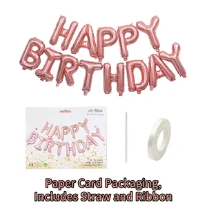 13-piece rose gold Happy Birthday foil balloon set with straw and ribbon for party decoration