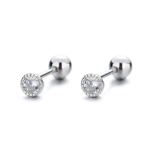 Sparkling round zircon screw back stud earrings in polished silver finish for women