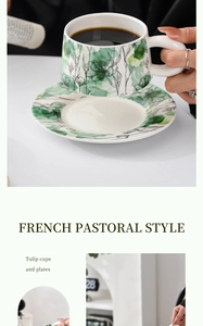 Detailed macro view of French pastoral style tulip ceramic coffee cup and saucer set