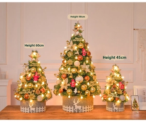Detailed view of 45cm, 60cm, and 90cm mini Christmas trees with gold ornaments and LED lights