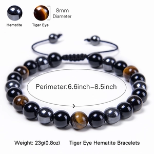 Tiger eye and hematite 8mm beaded energy yoga bracelet with adjustable woven cord strap