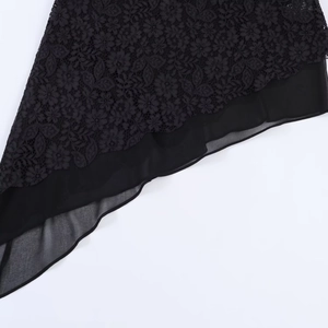 Elegant black lace asymmetric long top with floral patterns and sheer mesh fabric details
