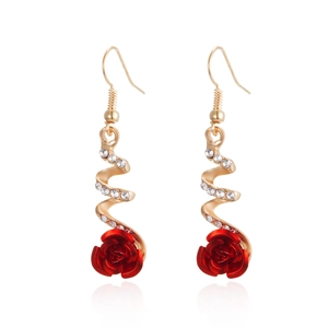 Elegant long red rose earrings with gold spiral design and crystal tassels on white background
