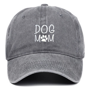 Vintage washed grey cotton baseball cap with white DOG MOM embroidery for outdoor sun protection
