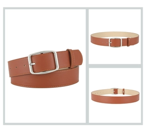 Close-up of vintage brown leather belt with silver square buckle and edge stitching