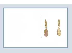Detail of 18K gold-plated stainless steel feather earrings with pink natural stone