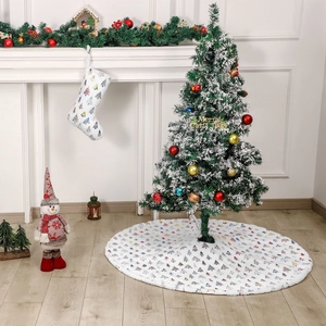 White Faux Rabbit Fur Christmas Tree Skirt Stocking Colorful Hot Stamping Tree Pattern Plush Round Holiday Decoration