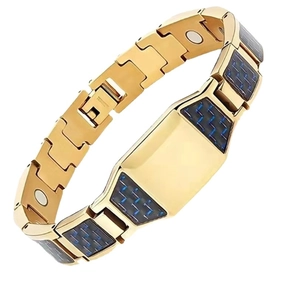Men's magnetic therapy bracelet in gold-tone alloy with blue carbon fiber inlay