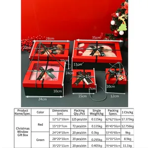 Red and green Christmas window gift boxes shown with specific dimensions in a table
