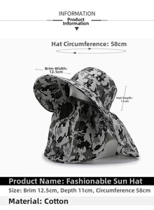 Detailed size chart for camo sun hat with 12.5cm brim and neck flap protection