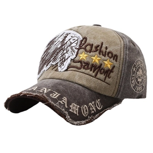 Vintage khaki and grey baseball cap with embroidery and distressed brim details