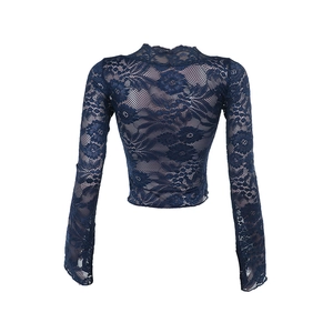 Close-up of dark blue floral lace fabric on a V-neck long sleeve crop top for women