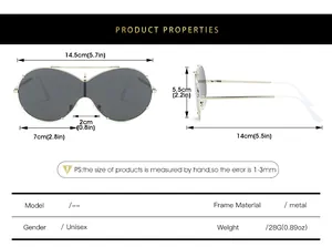 Detailed size chart for metal frame oversized butterfly sunglasses with dimensions