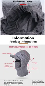 Detailed size chart for the winter knit beanie hat with integrated neck warmer and mask