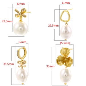 Elegant gold bow earrings with rice pearls and flower studs in four various styles