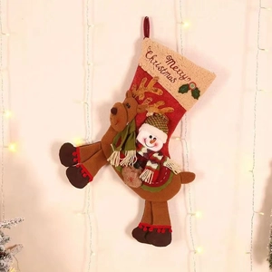 Festive Christmas stocking with 3D reindeer and snowman hanging by warm holiday lights