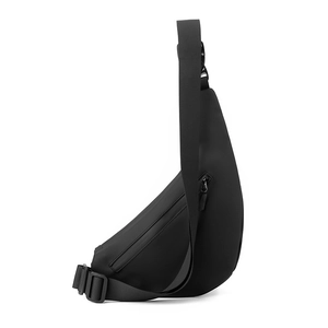Side view of sleek black waterproof chest bag with adjustable strap and matte finish