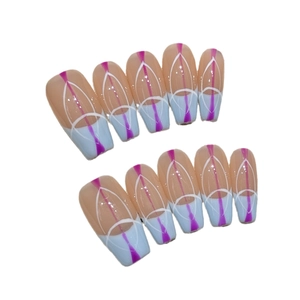 Handmade press-on nails with blue gradient french tips and geometric lines on nude base