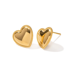 Fashionable 18K gold plated heart stud earrings with beaded edge and polished finish