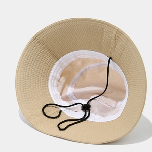Khaki breathable bucket hat with adjustable chin strap and cooling mesh lining