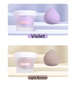 Violet and light brown peach beauty blenders in matte containers on 3D stages