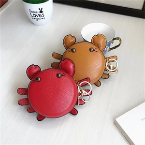 Cute crab shaped leather mini coin purse with gold keychain in red and brown colors
