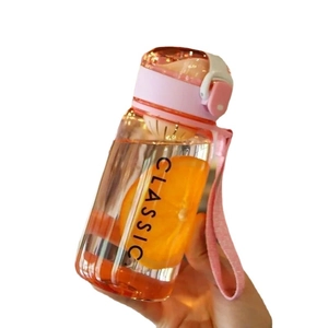Minimalist clear portable plastic water bottle with pink lid and classic letter design