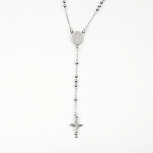 Silver stainless steel rosary necklace with cross pendant and virgin mary medal charm