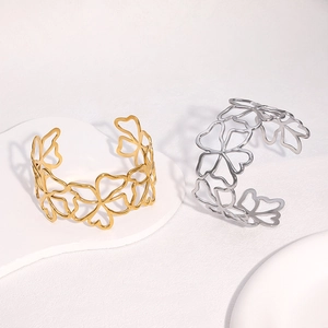 Bracelet Jonc Ouvert À Fleurs Ajourées En Acier Inoxydable Plaqué Or 18K Minimaliste Pour Femmes