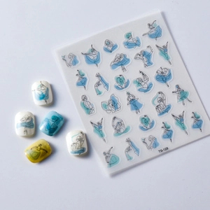 5D embossed nail stickers featuring abstract blue watercolor ballet dancers and lines