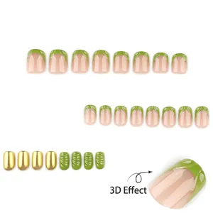 French green 3D press-on nails with gold mirror powder and wave textures on white