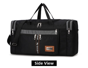 Detail view of large gym bag with multi-pocket structure and durable oxford fabric