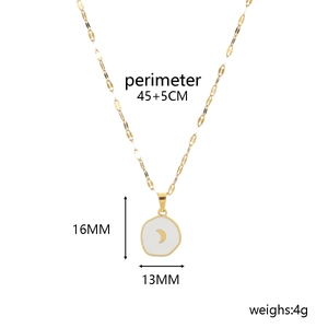 Detail of gold moon pendant necklace showing 45+5cm chain length and 16x13mm size specs