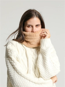 Detail showing the soft khaki faux fur texture of the winter neck warmer for women