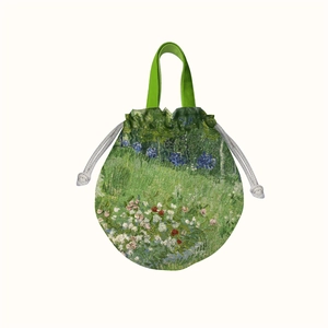 Artistic oil painting drawstring bucket bag with natural floral landscape pattern detail