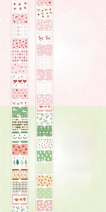 Macro shot of glittery synthetic paper tape with cute strawberry and forest bunny motifs