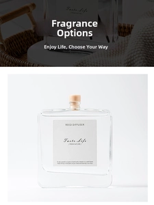 Detailed close-up of a premium glass reed diffuser bottle with a minimalist label and cork
