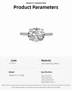 Detailed specs of the 2ct oval-cut 925 sterling silver ring with pave setting