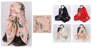 Detail view of paisley satin square scarf on model and used as handbag decoration