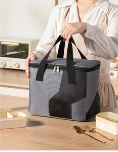 Detail of insulated lunch bag showing dual metal zippers and durable nylon handles
