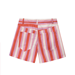 Vertical striped high-waisted shorts with red, purple, and white stripes and back pockets