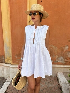 Robe Courte Sans Manches Mélange Coton Chanvre Plissée Col Rond Avec Liens Coupe Ample Décontractée Été Vacances Femmes