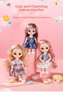 Three jointed BJD dolls wearing elegant dresses on a dreamy pink cloud background